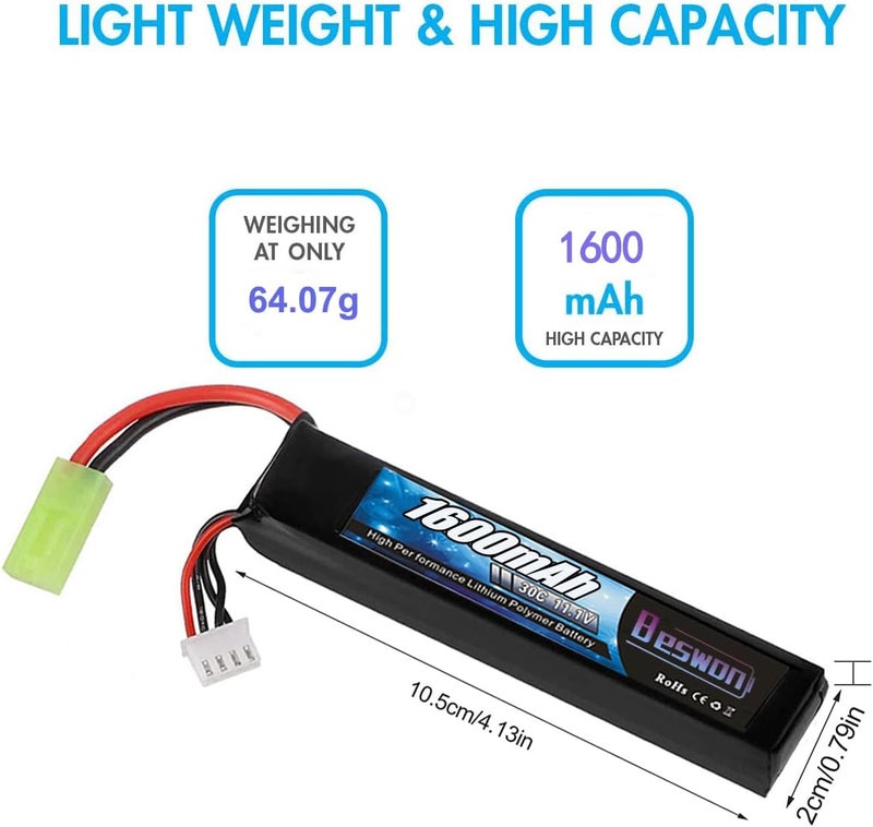BESWON 2 Packs Airsoft Battery 11.1V Rechargeable 1600mAh 30C Lipo Battery with Mini Tamiya Connector，2S-3S Balance Charger for Airsoft Guns Rifle - Image 3
